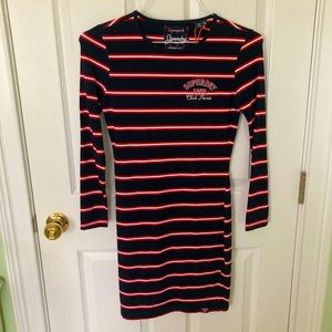 Superdry womens size 4 long sleeve bodycon mini dress navy red stripes